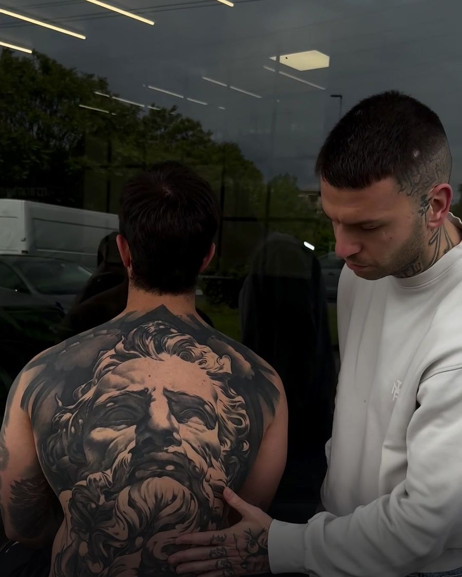 Healed Greek god black and grey backpiece