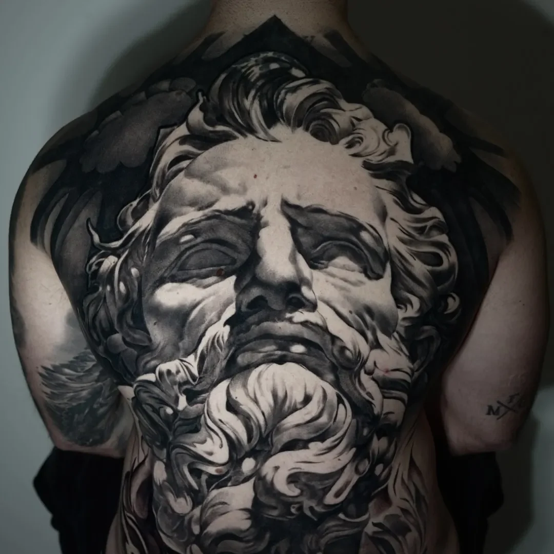 Greek statue black and grey backpiece tattoo by Federico Galliani