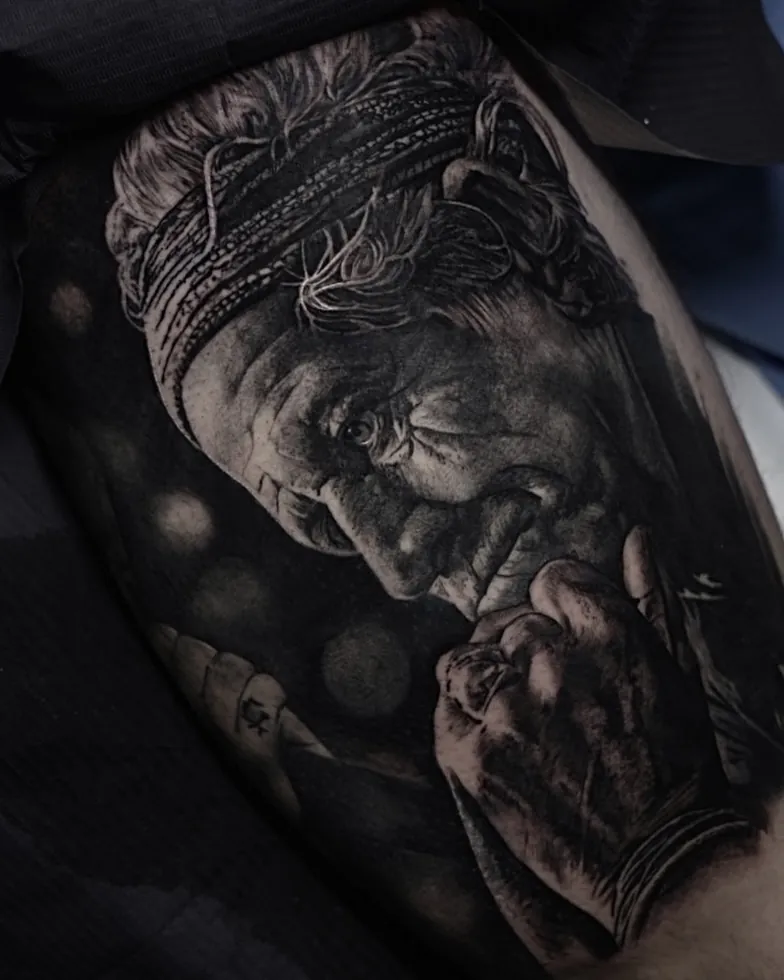 Black and grey elder portrait tattoo